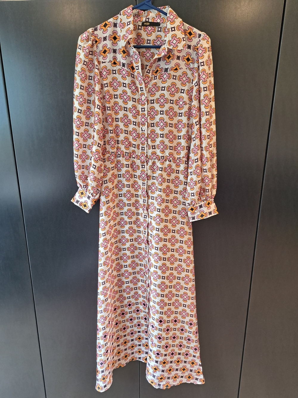 Maje Cream Midi Shirt Dress with Pink, Orange & Blue Geometric Print
